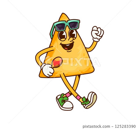 Mexico tortilla nacho chip groovy cute character. Fastfood crispy chip cartoon happy mascot, Mexican tortilla meal groovy vector cute character. Nacho funny personage playing maracas in sunglasses 125283390