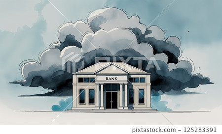 Dark clouds loom over a traditional bank building, indicating a stormy backdrop and financial uncertainty in a modern urban setting 125283391