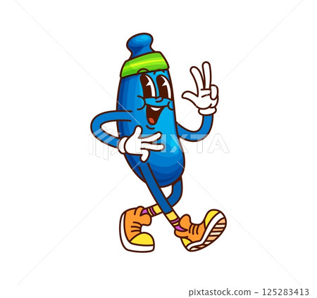 Cartoon groovy berry character with happy face on fitness sport, vector personage. Retro groovy haskap or honeysuckle berry character jogging in fitness headband with funky smile and hippie gesture 125283413