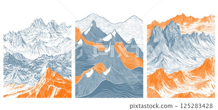 mountain engraving background. gray orange drawing mountains, rock gorge vintage asia japan china sunset sketch pencil line stylization minimalism print nature imprint painting vector illustration 125283428