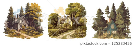 houses in the forest. village wooden house background set, rural lonely abandoned color vintage picture fairy tale postcard vector illustration houses in the forest. village wooden house background set, rural lonely abandoned color vintage picture fairy tale postcard vector illustration 125283436