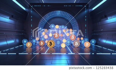 Digital representation of cryptocurrencies in a futuristic setting with glowing bitcoins floating in a high-tech environment 125283438