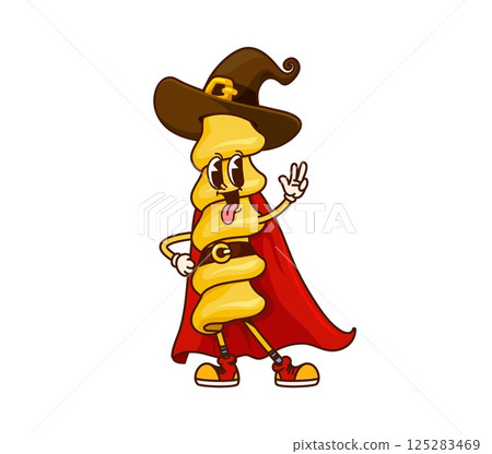 Cartoon groovy Halloween pasta character dressed as a magician or wizard. Isolated vector spiral noodle personage wears witch hat, red cape, belt and retro sneakers, embodying magical and festive vibe Cartoon groovy Halloween pasta character dressed as a magician or wizard. Isolated vector spiral noodle personage wears witch hat, red cape, belt and retro sneakers, embodying magical and festive vibe 125283469