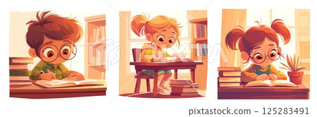 children reading cartoon set. kid with book at table background, schoolboy schoolgirl girl boy school education learning literature lessons warm vector illustration 125283491