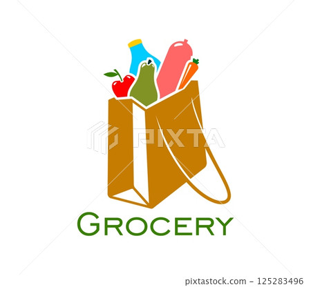 Grocery store icon of shopping bag with food products for market and supermarket, vector sign. Grocery store emblem with silhouette of shop bag with milk bottle, sausage or fruits and vegetables Grocery store icon of shopping bag with food products for market and supermarket, vector sign. Grocery store emblem with silhouette of shop bag with milk bottle, sausage or fruits and vegetables 125283496