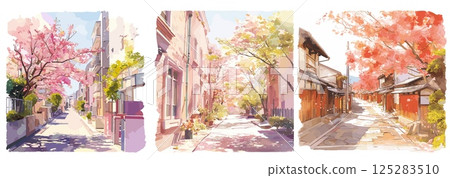 blooming sakura watercolor. pink spring trees in city landscape background set, season urban march japan china korea vector illustration 125283510