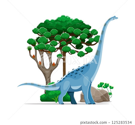 Dinosaur, cartoon prehistoric lizard of Titanosauria species, vector dino animal. Giant dinosaur Titanosaurus or sauropod species lizard of Cretaceous era in jungle for kids paleontology encyclopedia Dinosaur, cartoon prehistoric lizard of Titanosauria species, vector dino animal. Giant dinosaur Titanosaurus or sauropod species lizard of Cretaceous era in jungle for kids paleontology encyclopedia 125283534
