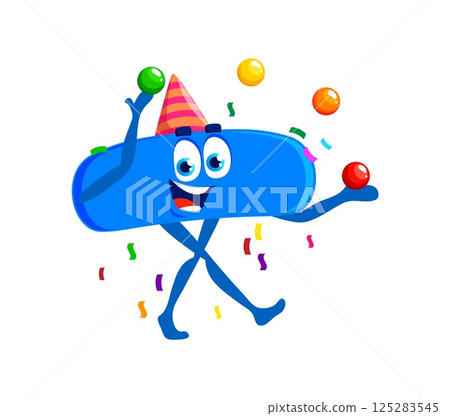 Cartoon math minus symbol character birthday holiday celebration. Vector blue subtraction sign personage wearing a party hat and juggling balls, embodies fun learning, and games for kids education 125283545