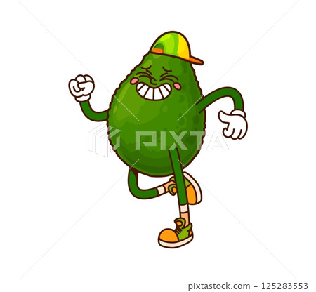 Running avocado groovy cute character wearing cap. Organic avocado retro cheerful mascot, tropical fruit vintage cartoon vector cute personage. Vegan food 60s 70s groovy happy character doing fitness 125283553