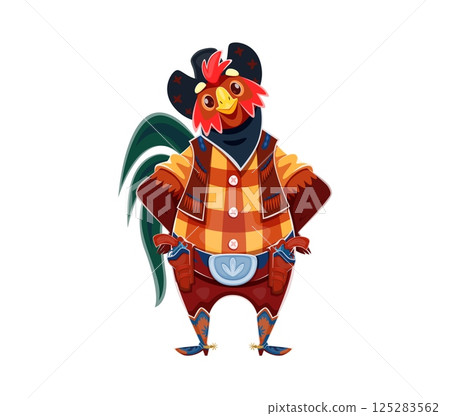 Cartoon rooster as cowboy or Western sheriff and Wild West robber bandit, vector animal character. Funny rooster in cowboy hat and Texas ranger costume with kerchief and revolver guns in bandoleer Cartoon rooster as cowboy or Western sheriff and Wild West robber bandit, vector animal character. Funny rooster in cowboy hat and Texas ranger costume with kerchief and revolver guns in bandoleer 125283562