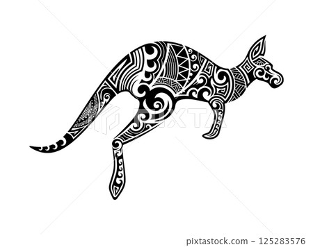 Maori tribal kangaroo animal tattoo. Isolated vector monochrome Samoan ethnic marsupial animal print or decal. Hawaiian tribe warrior sign. New Zealand tribal symbol or Polynesian culture motif 125283576
