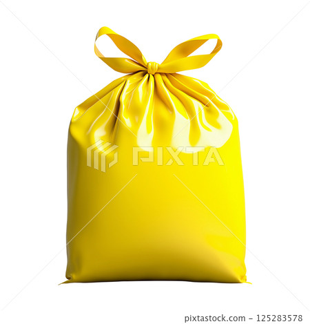Bright yellow plastic garbage bag isolated on transparent background, high quality with realistic shadows 125283578