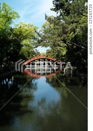 red bridge over pond 125283720