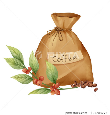 Illustration of a coffee sack, fresh coffee branch, and beans. Hand-drawn. Perfect for coffee-themed decor. 125283775