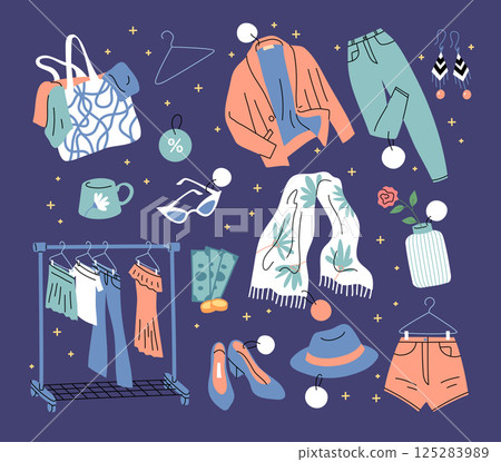 Cartoon Color Second Hand Store Concept Goods and Clothes Set Flat Design Style. Vector illustration of of Used Garment 125283989