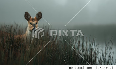 A Chinese red-colored water deer stands in tall grass against the backdrop of a misty lake 125283991