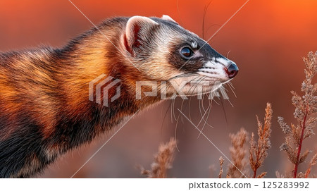 A close-up of a black-footed ferret hunting on the prairie 125283992