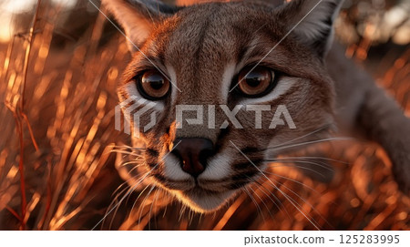 A close-up of a red caracal on a hunt against a yellow field A close-up of a red caracal on a hunt against a yellow field 125283995