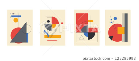 Cartoon Color Bauhaus Concept Placard Banner Card Set with Circle, Square and Triangle Flat Design Style. Vector illustration 125283998