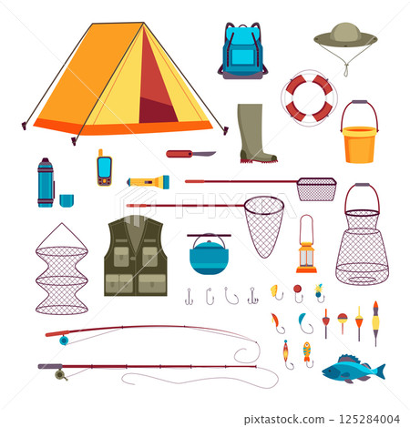 Cartoon Color Different Fishing Accessories Set Sport and Hobby Recreation Concept Flat Design Style. Vector illustration Cartoon Color Different Fishing Accessories Set Sport and Hobby Recreation Concept Flat Design Style. Vector illustration 125284004