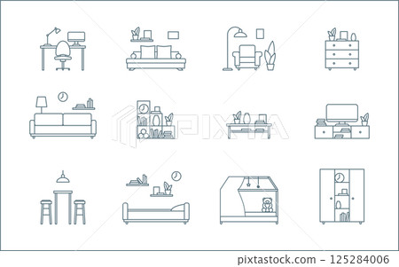 Furniture Object Sign Black Thin Line Icon Set for Home and Office. Vector illustration of Workplace and Living Room Icons 125284006
