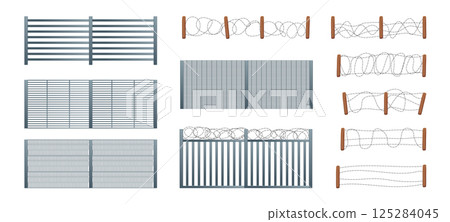 Cartoon Color Different Types Prison Fences Set Protection and Justice Concept. Vector illustration of Barbed Wire Section Cartoon Color Different Types Prison Fences Set Protection and Justice Concept. Vector illustration of Barbed Wire Section 125284045