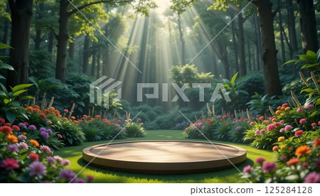 Wooden Podium in Lush Green Garden for Nature Themed Business Advertisement. 125284128
