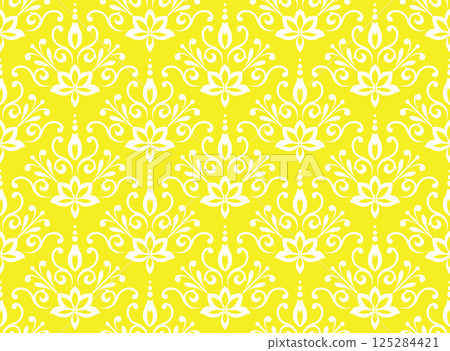 Floral pattern. Seamless vector background. Vintage wallpaper in the Baroque style. White and yellow ornament for fabric, wallpaper, packaging. Ornate Damask flower illustration Floral pattern. Seamless vector background. Vintage wallpaper in the Baroque style. White and yellow ornament for fabric, wallpaper, packaging. Ornate Damask flower illustration 125284421