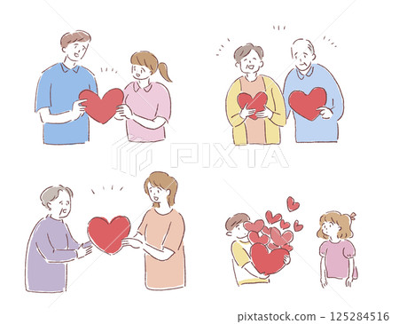 Young men and women with hearts, parents and children, elderly men and women, children, 125284516