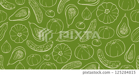 Pumpkin, Squash, Zucchini Seamless Pattern on Green Background Pumpkin, Squash, Zucchini Seamless Pattern on Green Background 125284815