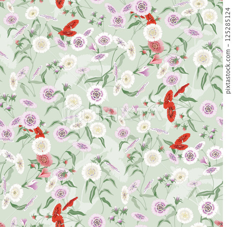 A Colorful Field of Blooming Dianthus Flowers. Vector illustration of a seamless pattern A Colorful Field of Blooming Dianthus Flowers. Vector illustration of a seamless pattern 125285124