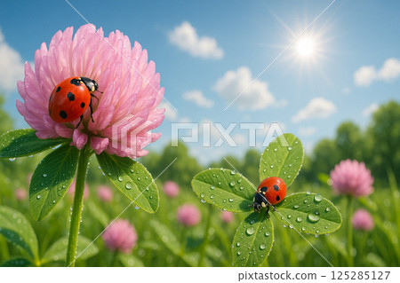 雨後新鮮的粉紅三葉草花上的瓢蟲 紅三葉草 125285127