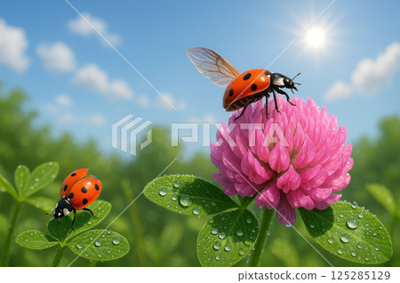 Ladybug on fresh pink clover flower after rain Red clover 125285129