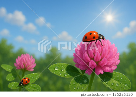 Ladybug on fresh pink clover flower after rain Red clover Ladybug on fresh pink clover flower after rain Red clover 125285130