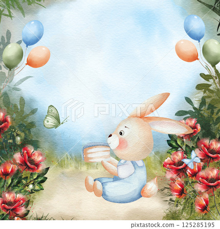 A bunny with a pie of birthday cake, balloons and butterflies, green grass with red flowers and a blue sky. Invitations for children's parties. Watercolor with cute animal. For invitations, cards A bunny with a pie of birthday cake, balloons and butterflies, green grass with red flowers and a blue sky. Invitations for children's parties. Watercolor with cute animal. For invitations, cards 125285195