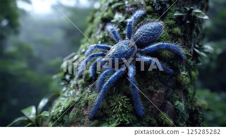 A large blue tarantula sits on a moss-covered tree in the forest 125285282
