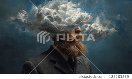 A man with a red beard wearing a gray business suit, his eyes covered by white clouds on a blue background 125285289