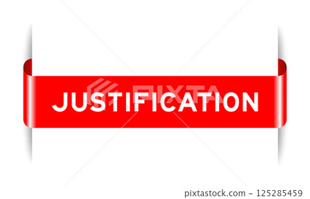Red color inserted label banner with word justification on white background 125285459