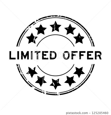 Grunge black limited offer word with star icon round rubber seal stamp on white background 125285460