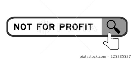 Search banner in word not for profit with hand over magnifier icon on white background Search banner in word not for profit with hand over magnifier icon on white background 125285527