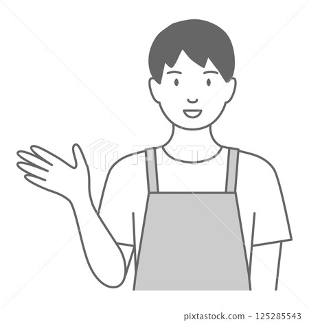 An illustration of a man wearing an apron saying "This way" 125285543