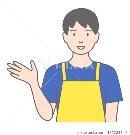 An illustration of a man wearing an apron saying "This way" 125285544