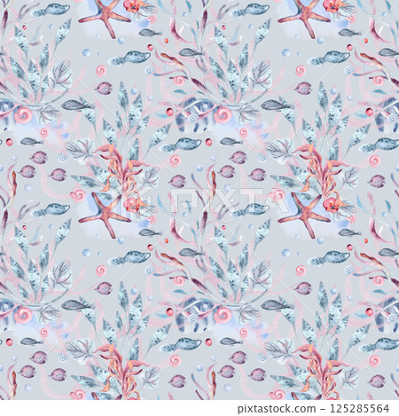 Marine seamless pattern of fish, starfish, shells, and seaweed in soft watercolor shades hand painted on gray blue. Elegant ocean life print for fabrics, home decor, gift wrapping, and coastal style. Marine seamless pattern of fish, starfish, shells, and seaweed in soft watercolor shades hand painted on gray blue. Elegant ocean life print for fabrics, home decor, gift wrapping, and coastal style. 125285564