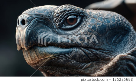 A very close-up of a turtle's head with brown eyes 125285698
