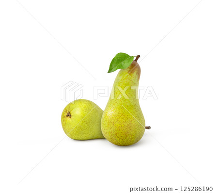 Two green pears isolated. Juicy pear with leaf isolated Two green pears isolated. Juicy pear with leaf isolated 125286190