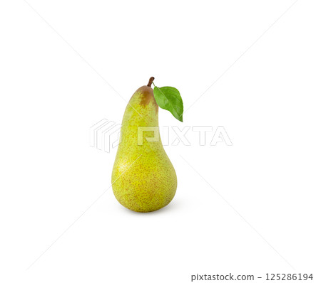 Fresh green standing pear with leaf isolated with shadow. Fresh green standing pear with leaf isolated with shadow. 125286194