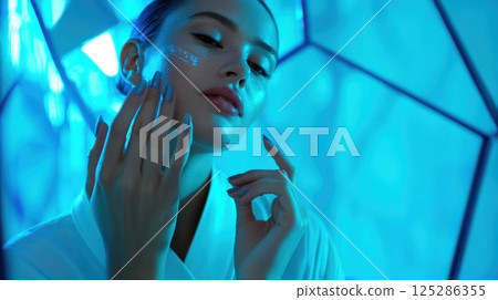 A woman applies a facial treatment product in a contemporary spa setting illuminated by blue lighting. She exudes relaxation while showcasing her skincare routine. 125286355
