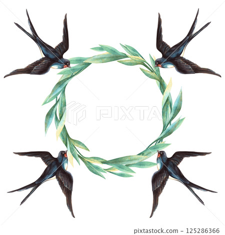 Wreath with swallows and green branch. Spring floral circle template with birds and foliage. Botanical watercolor frame. Perfect for wedding invitations, seasonal themes, elegant romantic arrangement 125286366