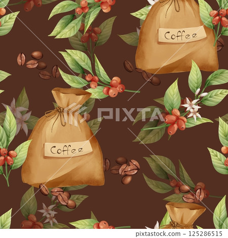 Coffee Bean and Sack Seamless Pattern Design 125286515