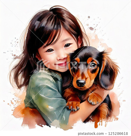 A girl holding a miniature dachshund 125286618